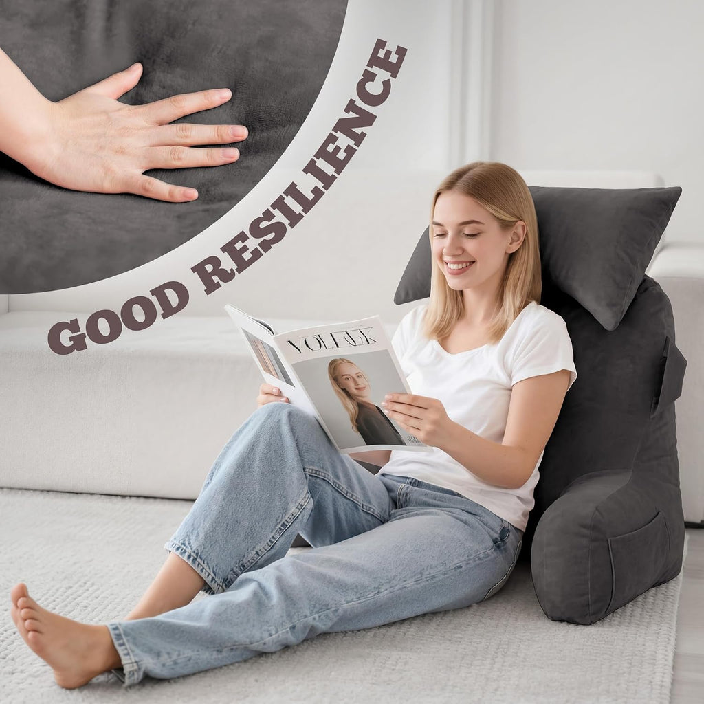 Unisakey Portable Reading Pillows with Headrest for Bed Sitting Up(Light Grey Oeko-Tex), Velvet Back Pillow with Arms & Pockets for…