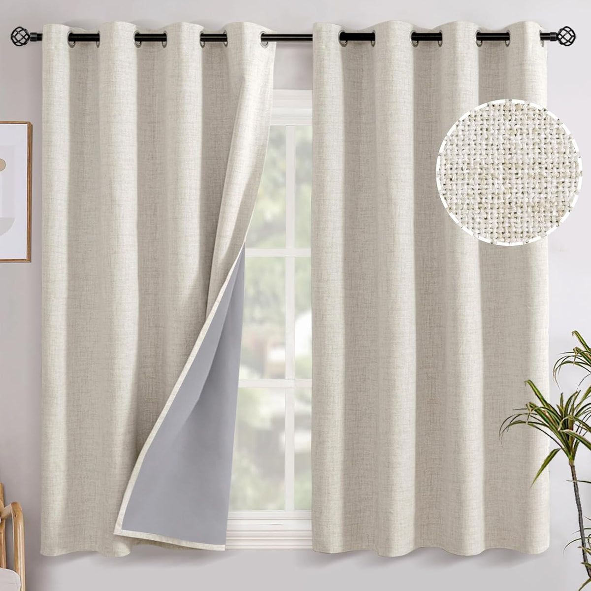YoungsTex Linen Blackout Curtains 45 Inch Length for Bedroom, Short Thermal Insulated Window Drapes with Grommet Room Darkening Privacy for…