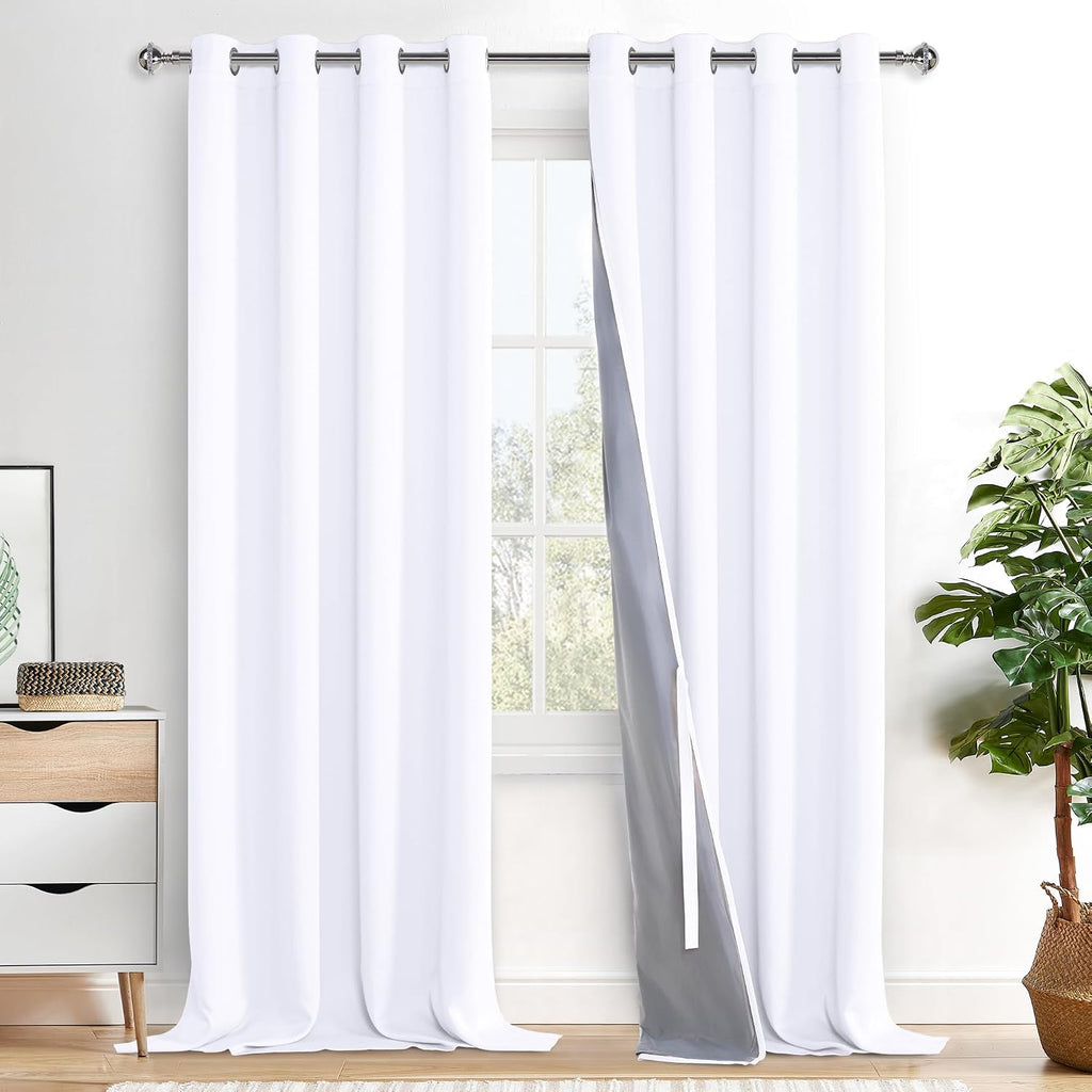 Xwzo White 100% Blackout Curtains - Heat and Full Light Blocking Drapes with Black Liner for Bedroom/Laundry Room, Grommet Top Extra Large…