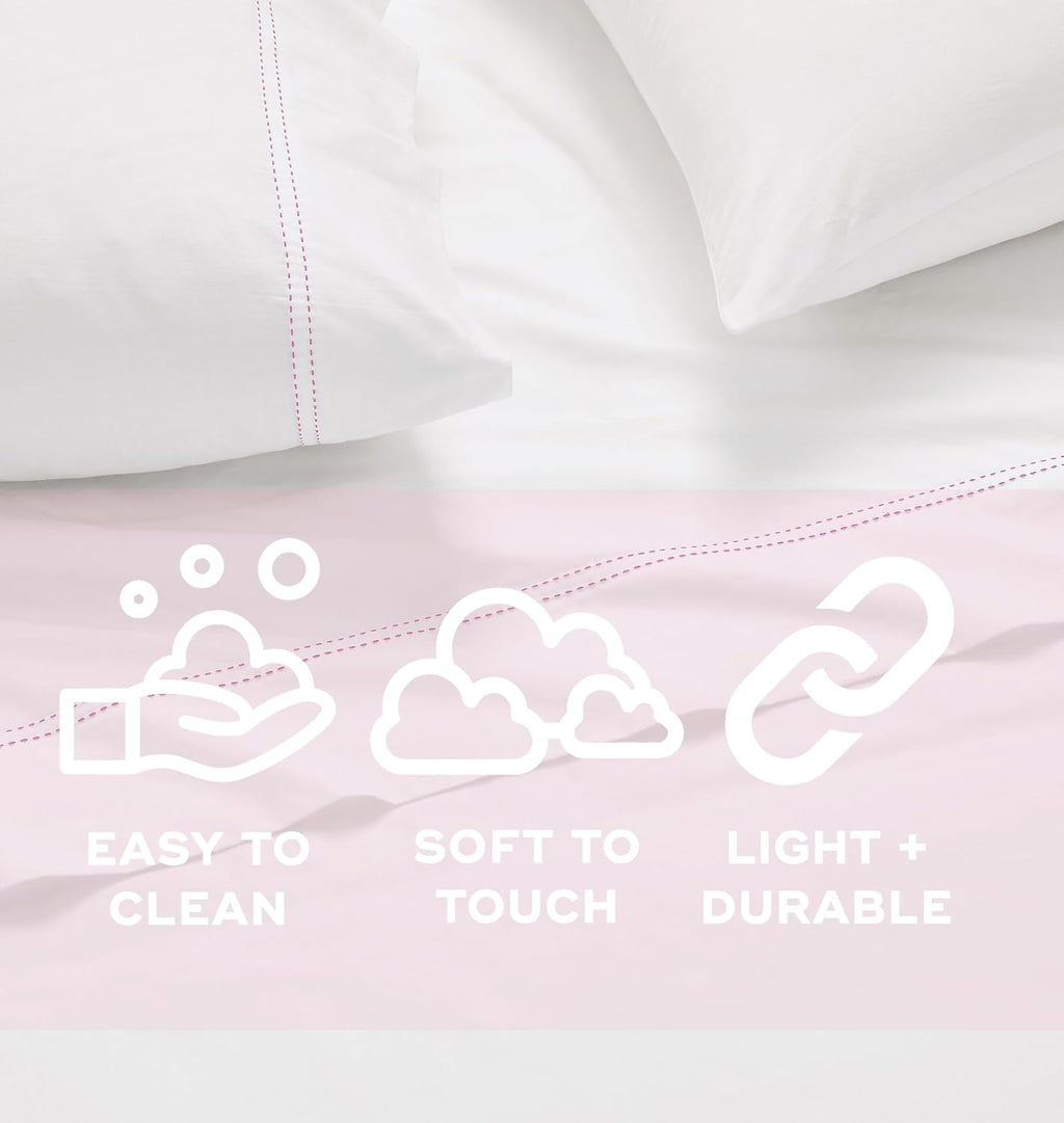 Scout 100% Cotton Percale Pick Stitch 2-Piece King Pillowcases in White/Pink Lemonade, Solid Color, Oeko-TEX Certified Cotton White