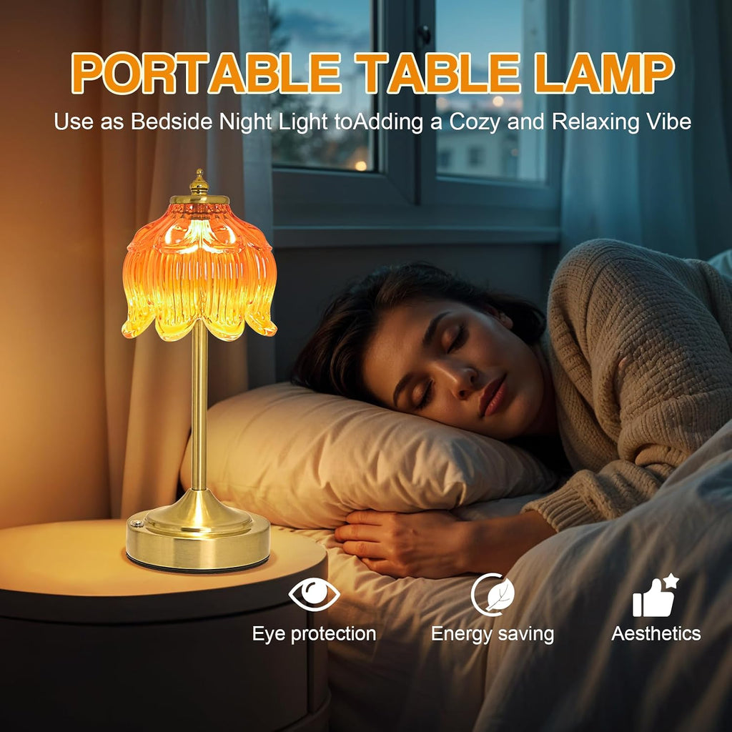 Crkwos Cordless Lotus Flower Table Lamp, 5200mAh Rechargeable Battery Operated Portable Lamp, 3-Color Dimmable Touch Control Small D…