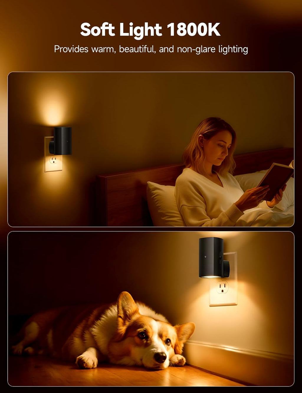 Brightown 2 Pack Black White Night Lights Plug into Wall, Modern Night Light with Rotating Plug, Dusk to Dawn Sensor, 0-100LM Stepless…