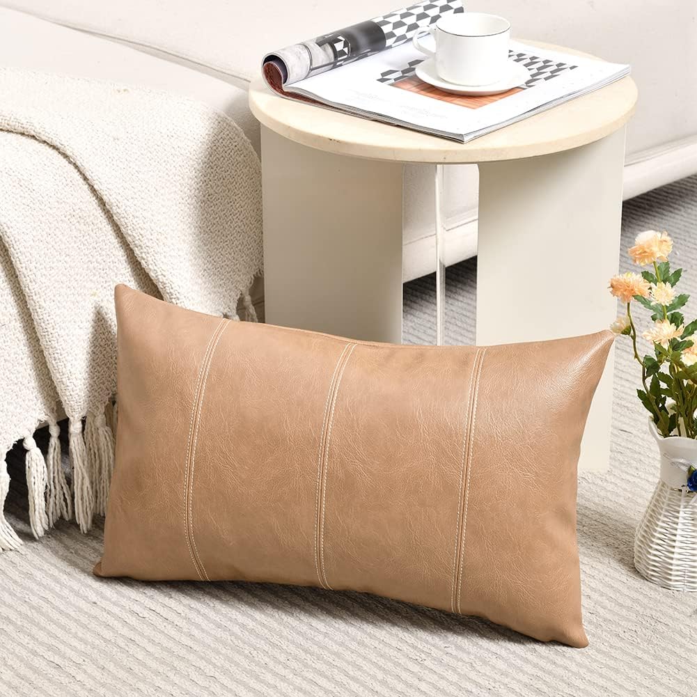 Fancy Homi Tan Long Lumbar Waterproof Faux Leather Decorative Throw Pillow Covers 16x24 Inch for Living Room Couch Bed, Beige Hand…