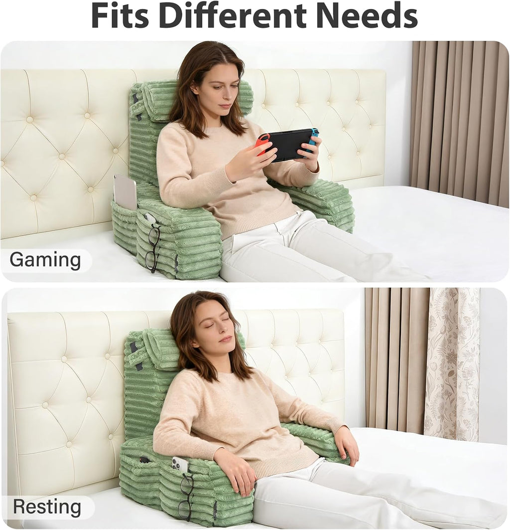 ENITYA 22" XL Reading Pillow with Armrests & Large Pockets, Supportive Back Pillow with Removable Cover, Ideal for Watching TV, Gaming…