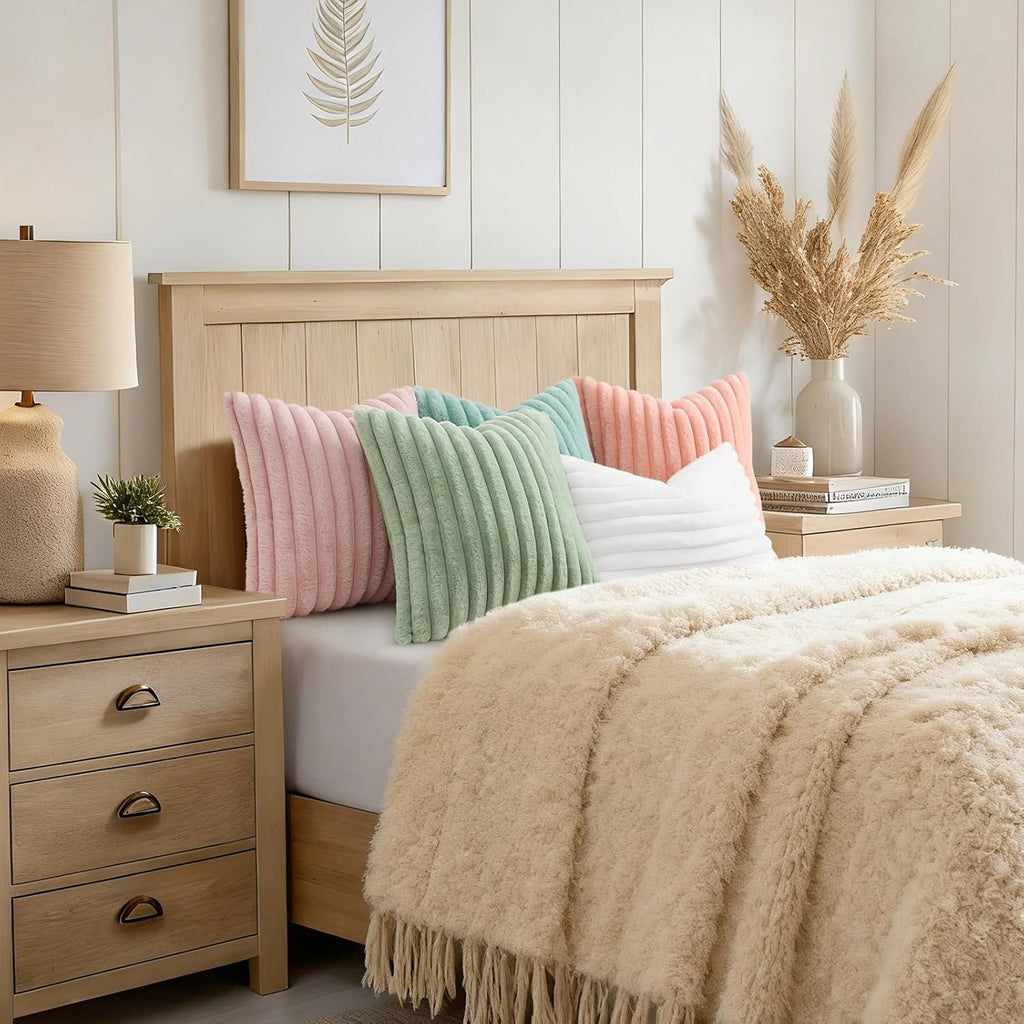 decorUhome Summer Cozy Faux Fur Throw Pillow Covers 24x24 Set of 2 Decorative Soft Plush Striped Modern Farmhouse Boho Couch Euro Sham Pill…