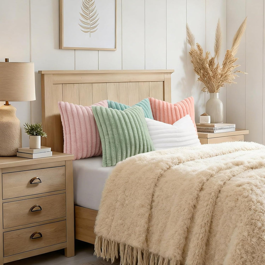 decorUhome Summer Cozy Faux Fur Throw Pillow Covers 12x20 Set of 2 Decorative Soft Plush Striped Lumbar Modern Farmhouse Boho Couch Pillow…