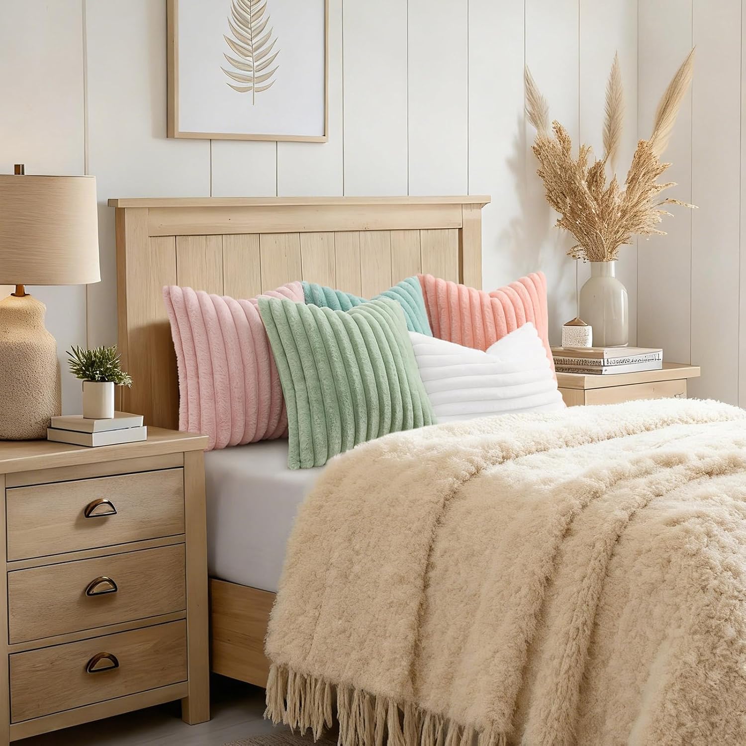 decorUhome Summer Cozy Faux Fur Throw Pillow Covers 16x16 Set of 2 Decorative Soft Plush Striped Modern Farmhouse Boho Couch Pillow Cases w…