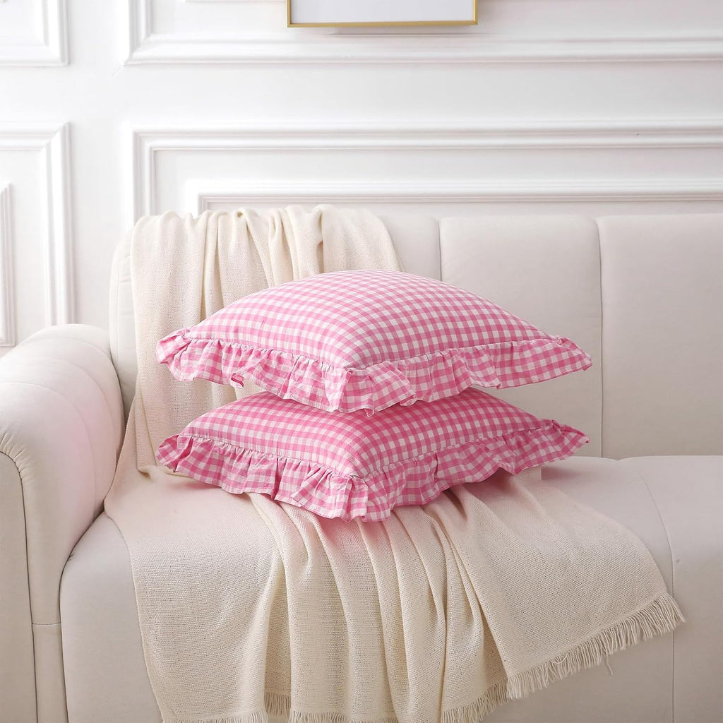 Kmasaniji 2 Pack Pink White Plaid Ruffle Gingham Throw Pillow Covers, 100% Washed Cotton Buffalo Checkered Farmhouse Pillow Shams - 18‘’x18…