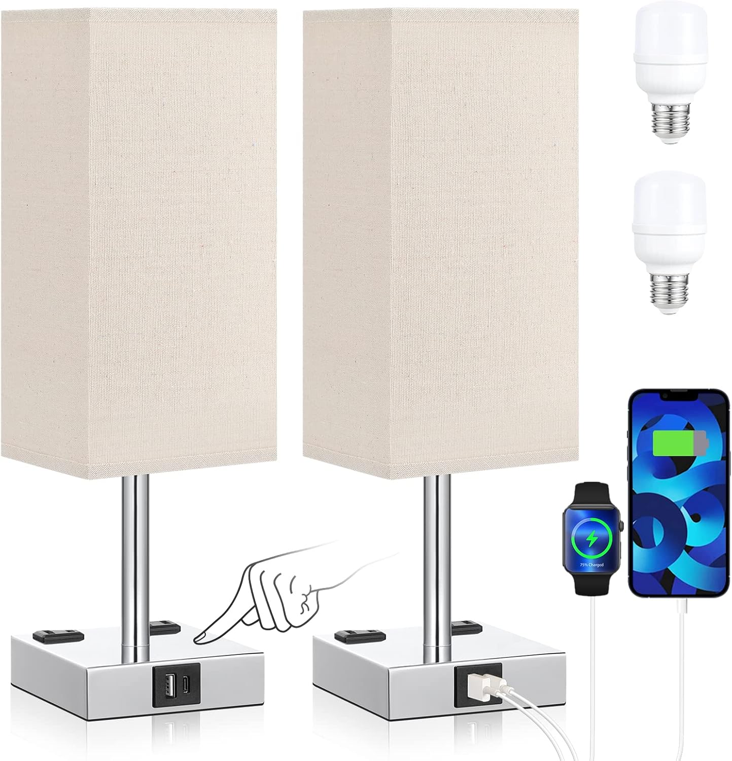 aooshine Beige Set of 2 Touch Lamp with USB Port-Nightstand Lamp with USB-C+A Charge Ports& AC Outlets, 3-Way Dimmable Bedside Lamp with…
