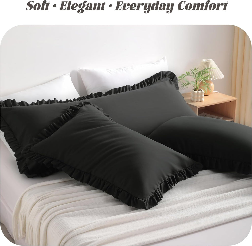 Bedsum Ruffled Pillow Shams Standard 20x26 Set of 2, Brushed Microfiber Pillowcases with Envelope Closure, Soft Wrinkle-Resistant, Black Bl…