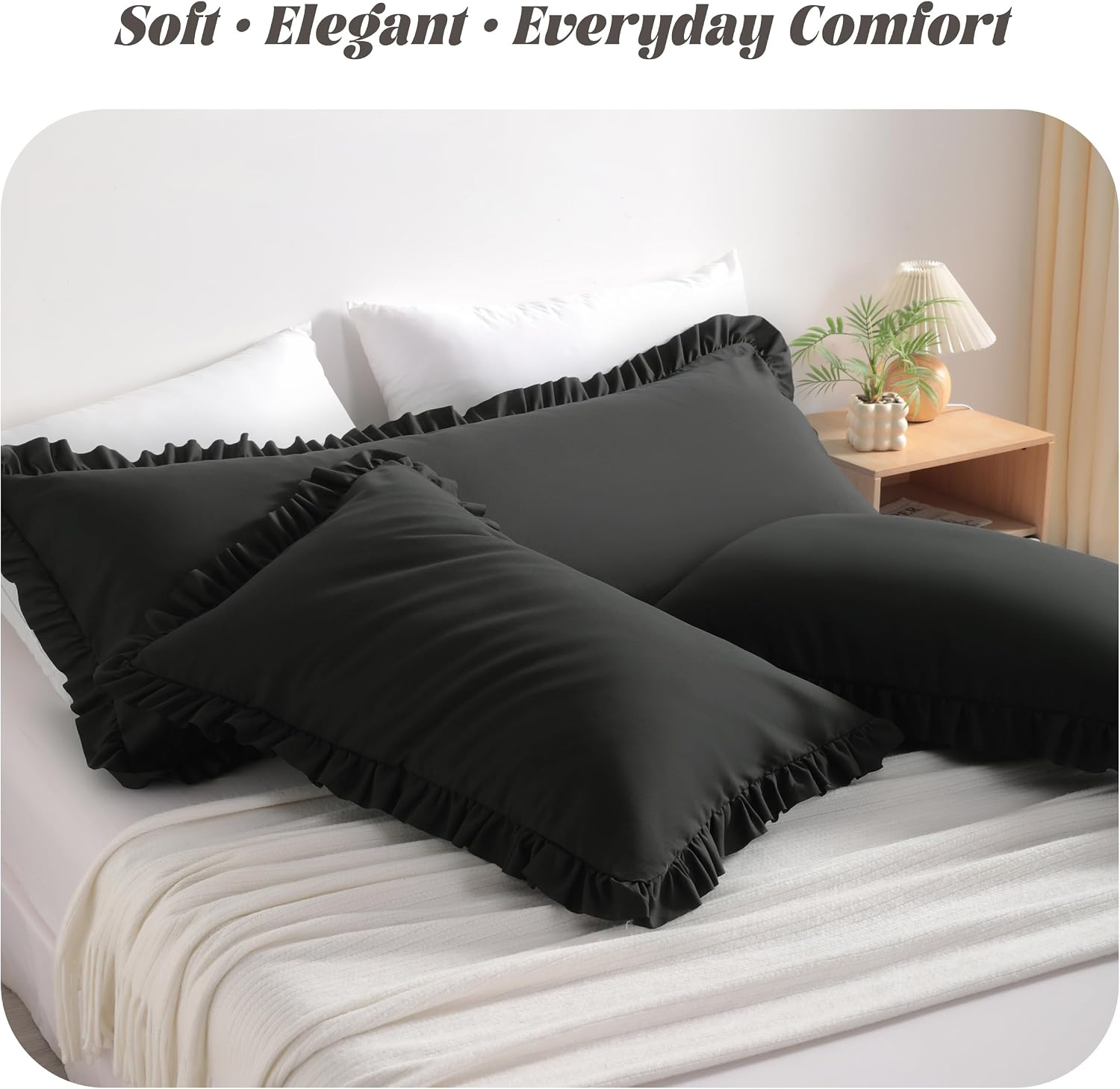 Bedsum Ruffled Pillow Shams Standard 20x26 Set of 2, Brushed Microfiber Pillowcases with Envelope Closure, Soft Wrinkle-Resistant, Black Bl…