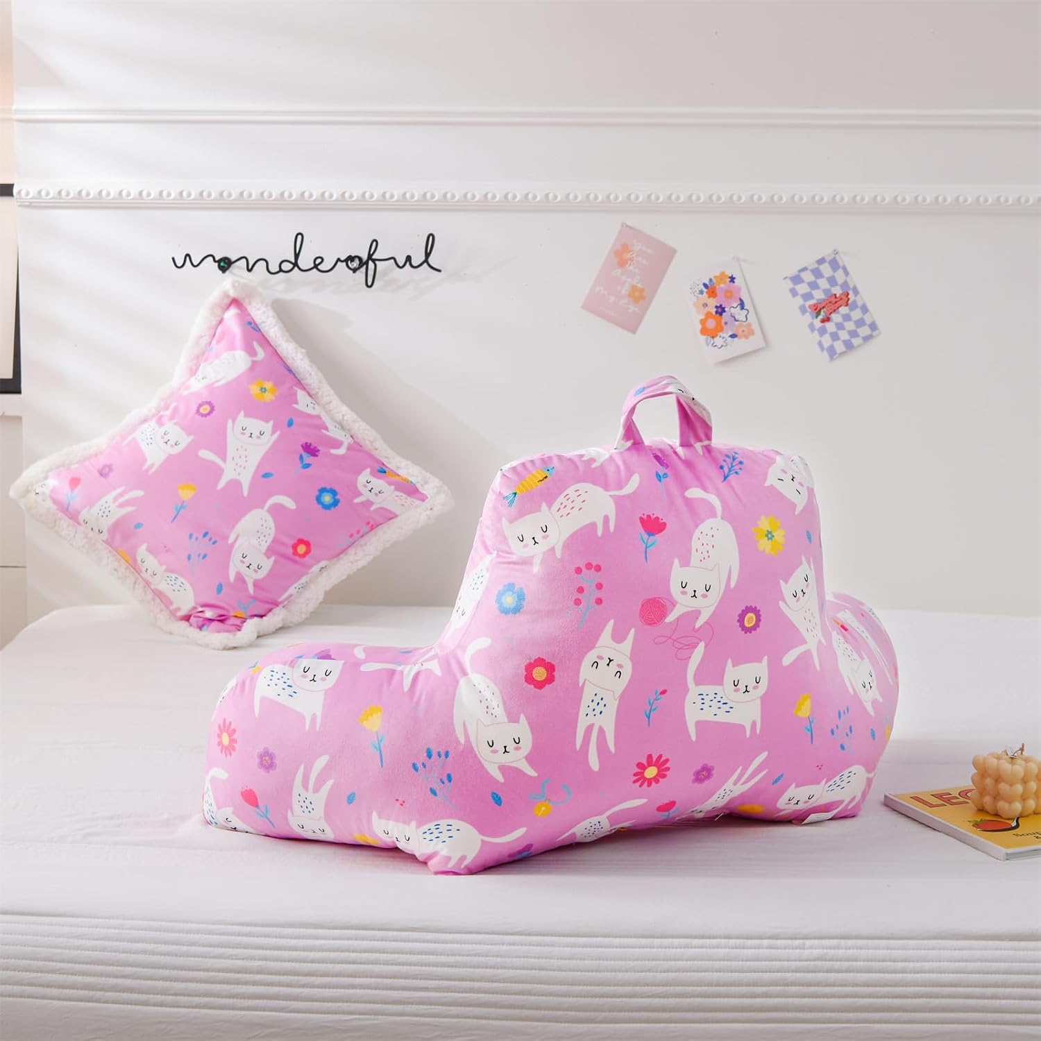 Aimuan Pink Cat Reading Pillow Bed Rest Wedge Backrest Pillow with Arms Back Support for Sitting Up in Bed Cushion Incline Rest Sleeping…