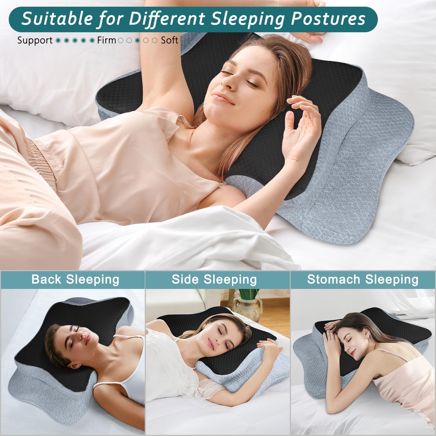CHxxy Cervical Neck Pillow for Sleeping, Memory Foam Pillows, Ergonomic Side Sleeper Pillows, Cooling Orthopedic Neck Support Pillow for Ba…