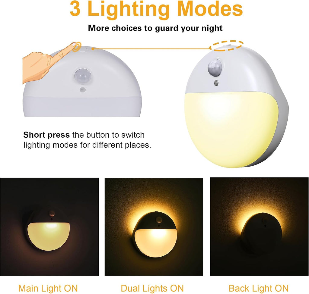 YUNLEX 2 Pack Motion Sensor Night Light, Gold Yellow, 3 Lighting Modes, Stepless Dimming, Battery-Powered, Dimmable LED, Suitable for…