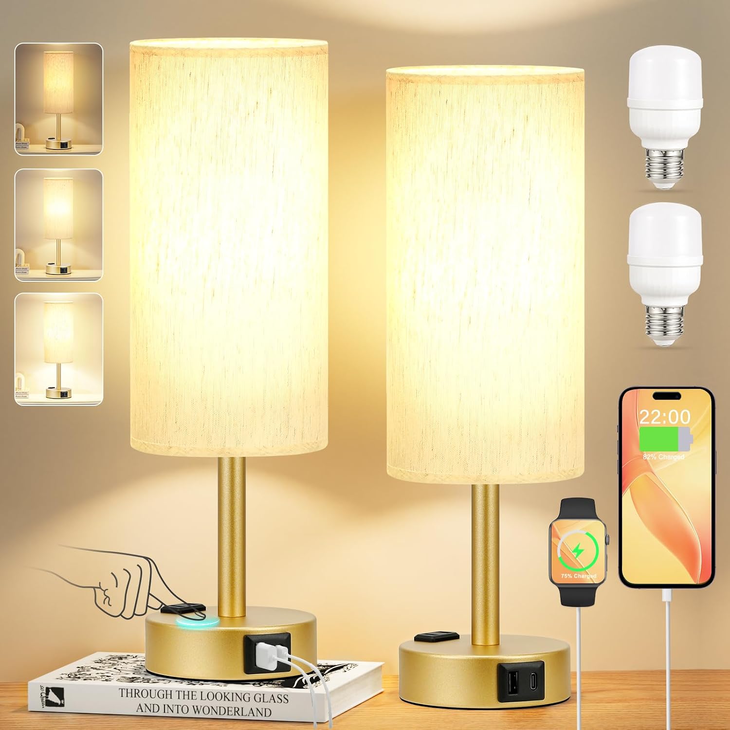 PartageiZ Gold Touch Table Lamps Set - 3 Way Dimmable Bedroom Lamps with USB C and A Ports, Small Lamps for Nightstand with AC Outlet…