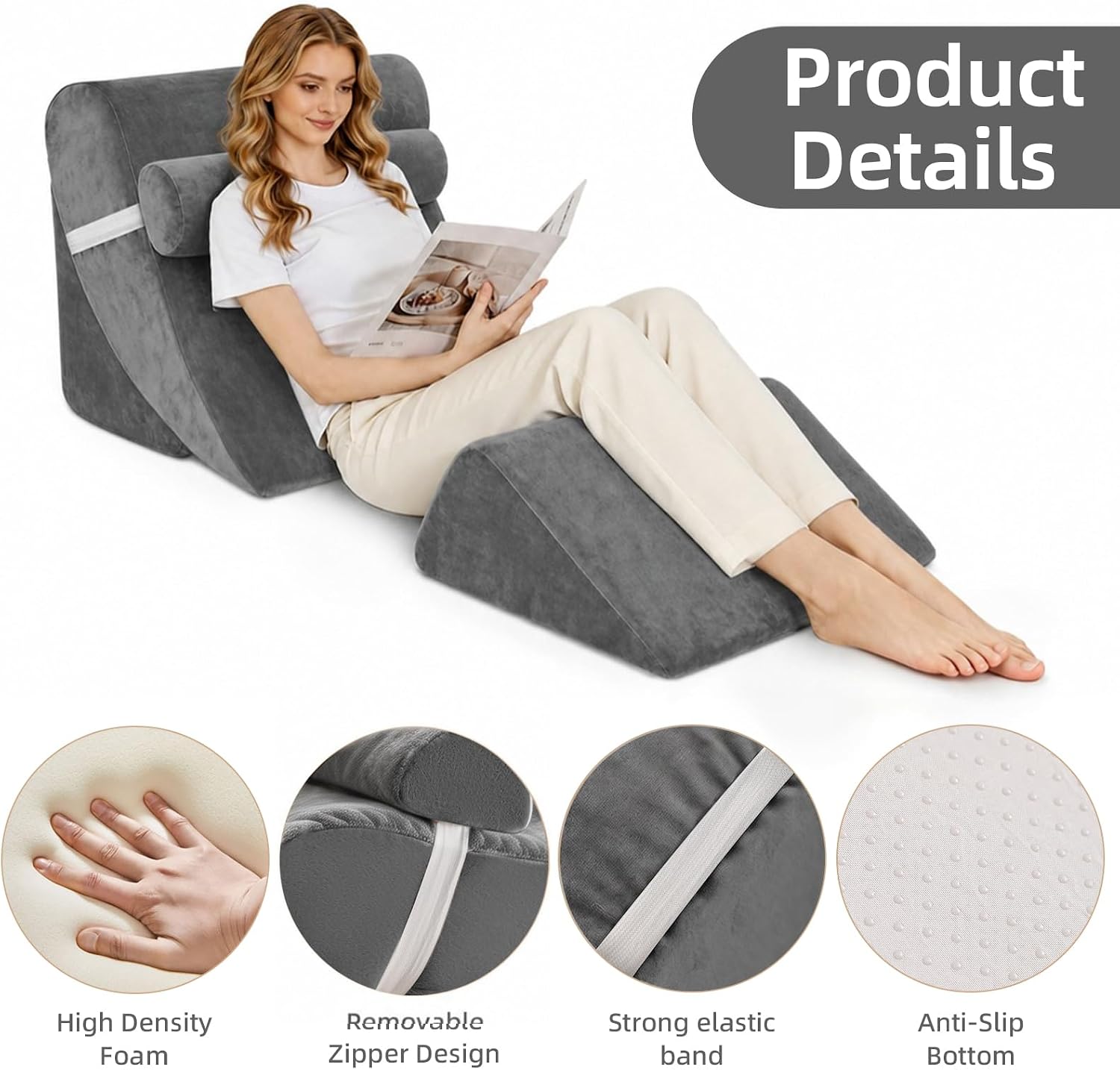 LevNubis 4PCS Orthopedic Bed Wedge Pillow Set for Post Surgery&, Adjustable Wedge Pillow for Back, Acid Reflux, Sitting up in Bed, Recov…