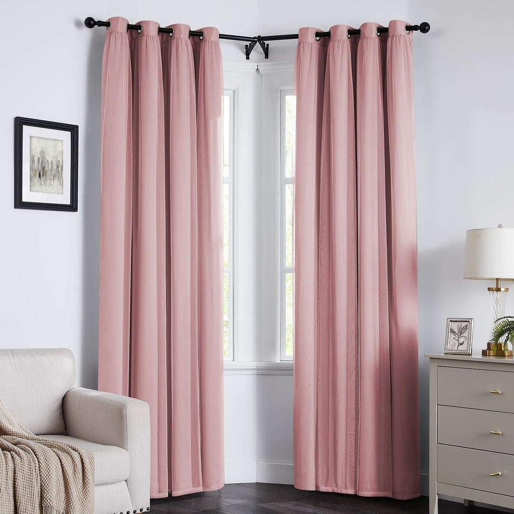 Swandream 100% Blackout Curtains for Bedroom, Double Layer Pink Curtains, Black Out Curtain 63 inch Long with Sheer Overlay for Living Room…