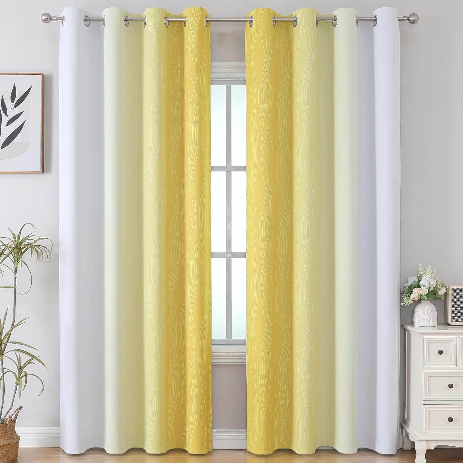 Estelartextiler Estelar Textiler Yellow and Greyish White Gradient Blackout Curtains, Thermal Insulated Ombre Blackout Drapes for Bedroom,…