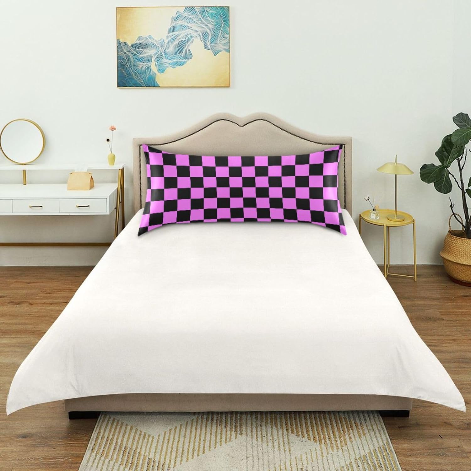 Checkerboard Black Purple Color Plaid Print Pillow Covers Silk Pillowcase for Hair and Skin Breathable Soft Satin Pillowcase Queen Size…