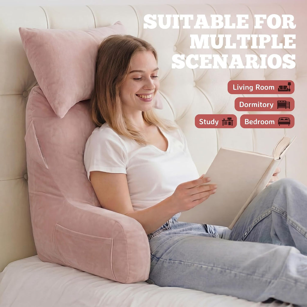 Unisakey Portable Reading Pillows with Headrest for Bed Sitting Up(Pink Oeko-Tex), Velvet Back Pillow with Arms & Pockets for Adults…