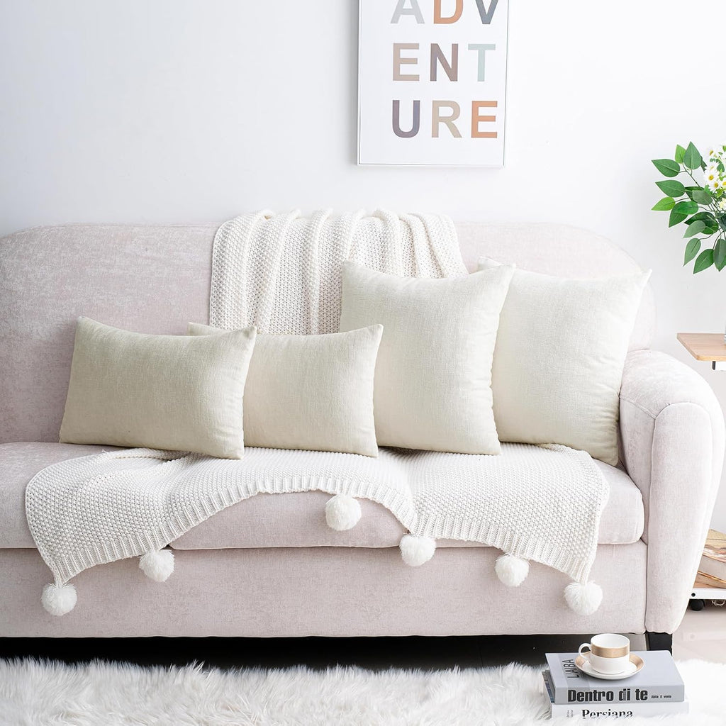 Hwy50 HWY 50 Cream White Lumbar Pillow Covers 12x20 Inch Pack of 2, Soft Chenille Decorative Throw Pillow Covers Farmhouse for Couch Sofa L…