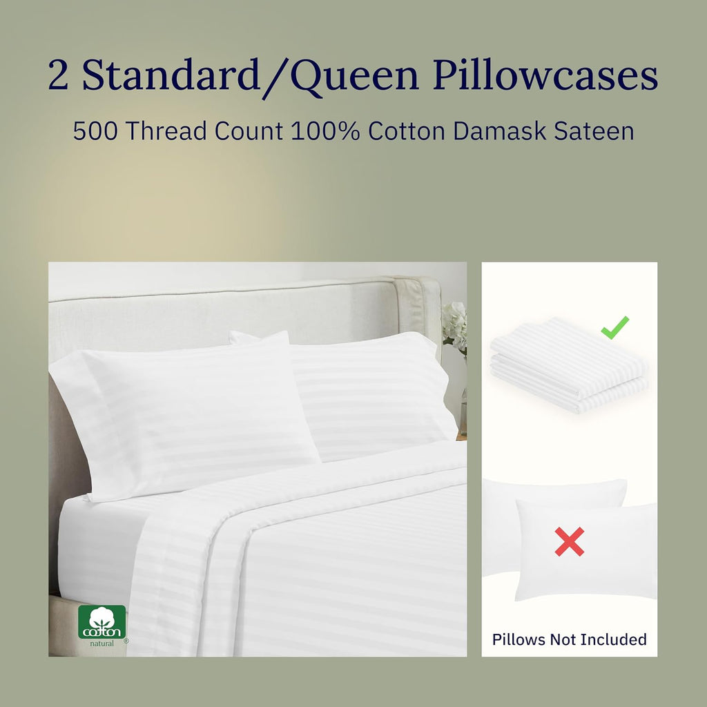 CALIFORNIA DESIGN DEN Soft & Silky 500 Thread Count 100% Cotton is Cool & Smooth, 2 White Standard Pillow Cases Fits Standard & Queen…