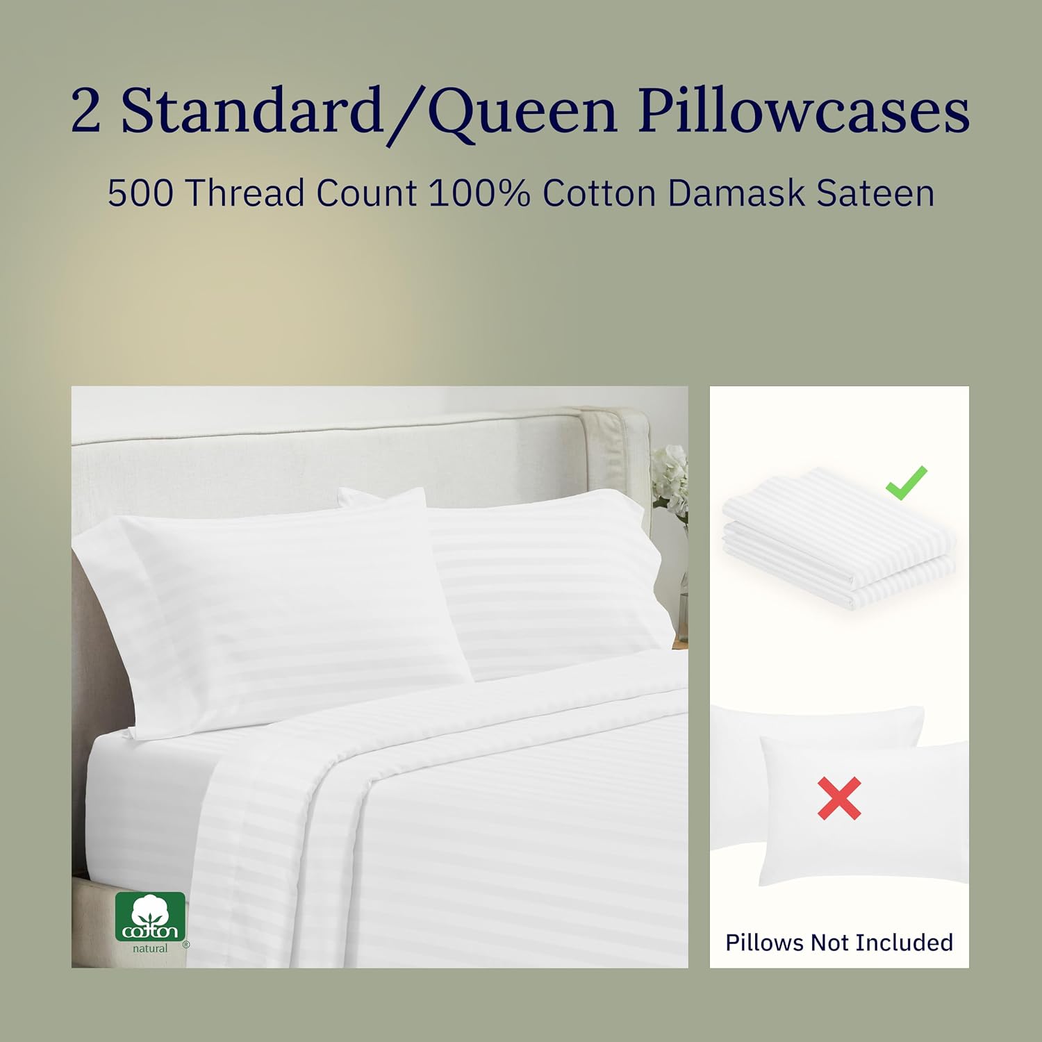 CALIFORNIA DESIGN DEN Soft & Silky 500 Thread Count 100% Cotton is Cool & Smooth, 2 White Standard Pillow Cases Fits Standard & Queen…