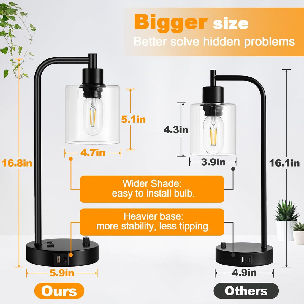 Industrial Table Lamp with USB A+C Ports and Outlet, Fully Stepless Dimmable Modern Nightstand Lamp, Glass Shade Bedside Desk Lamp for…