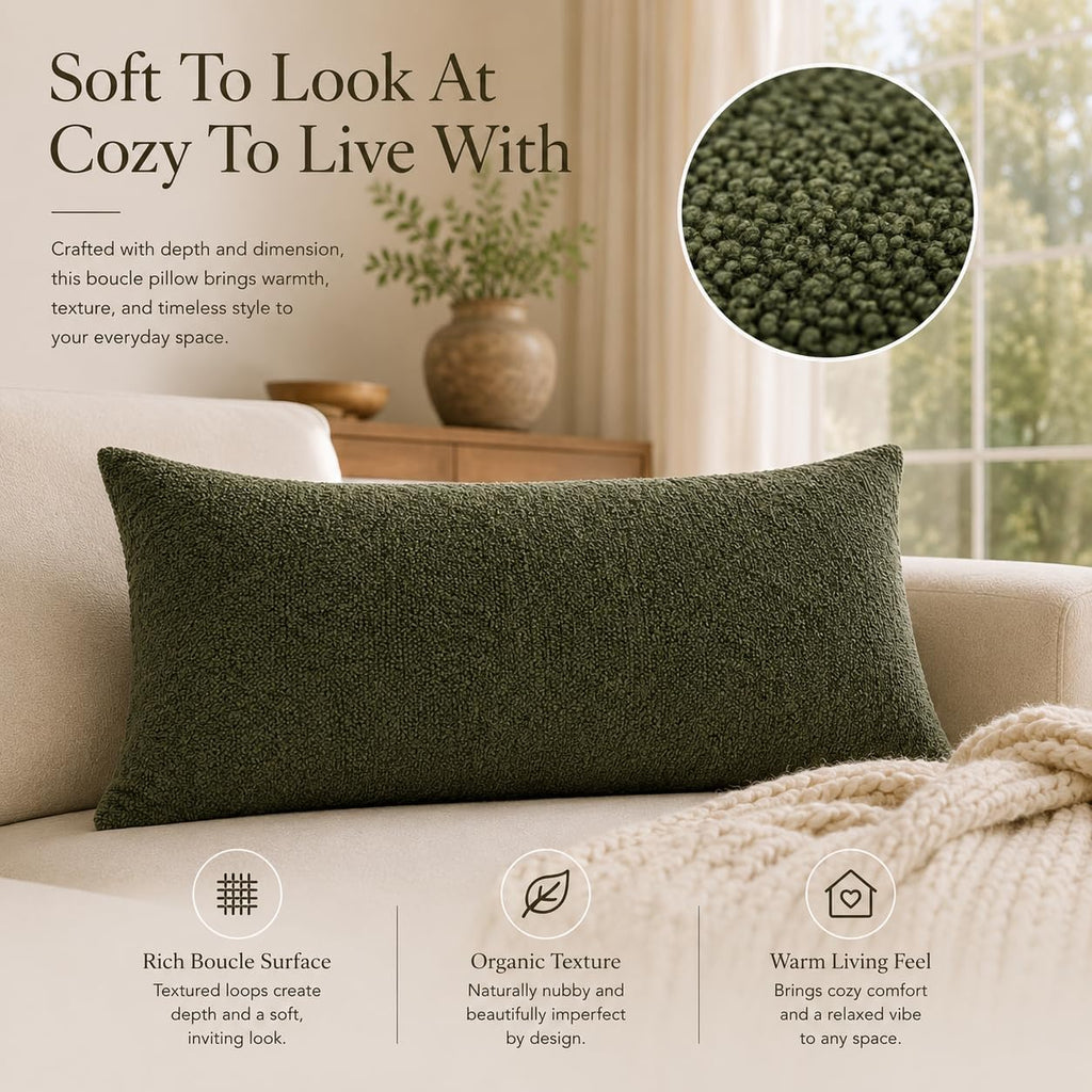 JoraLion 12x24 inch Boucle Lumbar Pillow Cover, Army Green Woven Texture Neutral Long Pillow Cover Breathable Cushion Case for Couch Sofa…