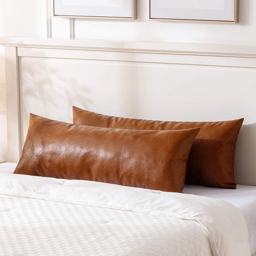 Fancy Homi Brown Boho Long Lumbar Faux Leather Body Decorative Throw Pillow Cover 14x36 Inch for Bedroom Couch Bed Bench, Thick Stylish…