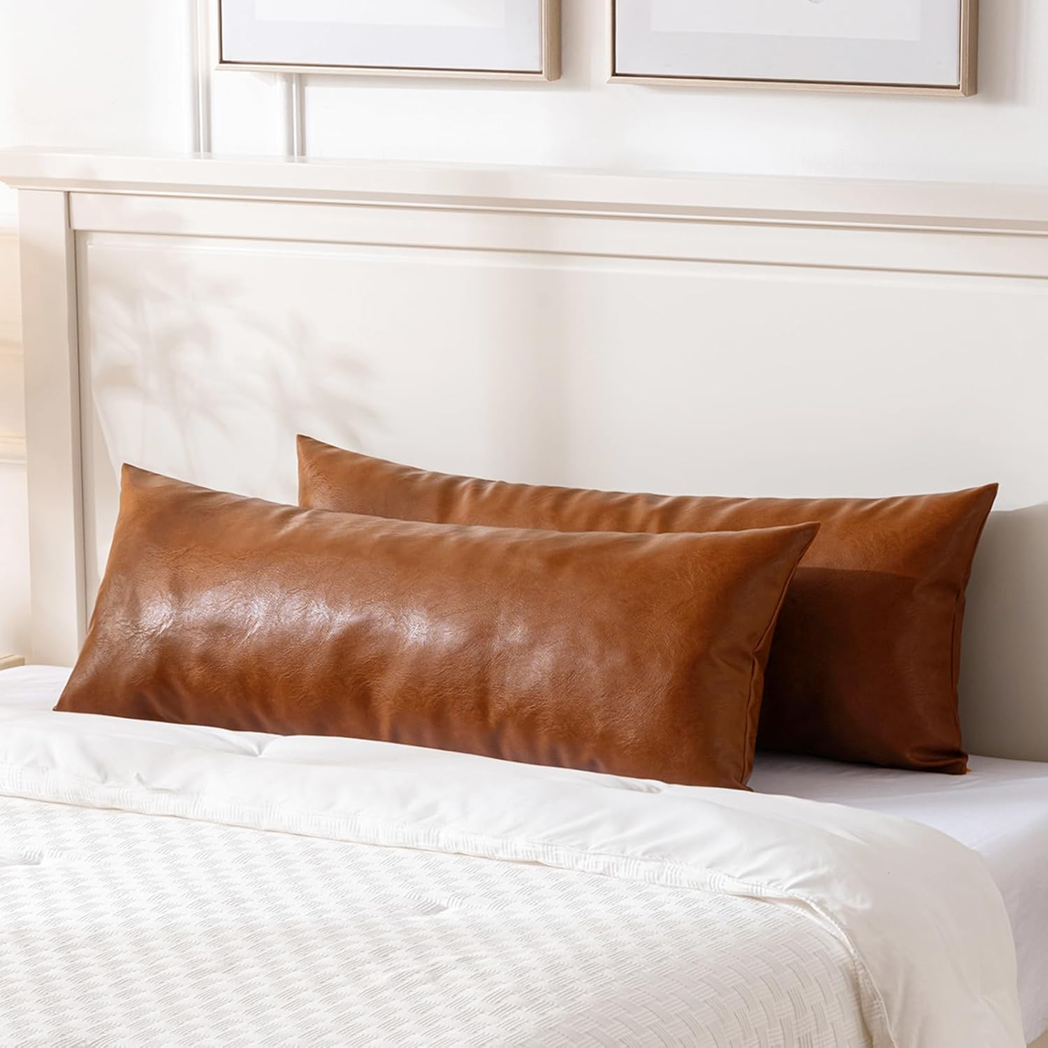 Fancy Homi Brown Boho Long Lumbar Faux Leather Body Decorative Throw Pillow Cover 14x36 Inch for Bedroom Couch Bed Bench, Thick Stylish…