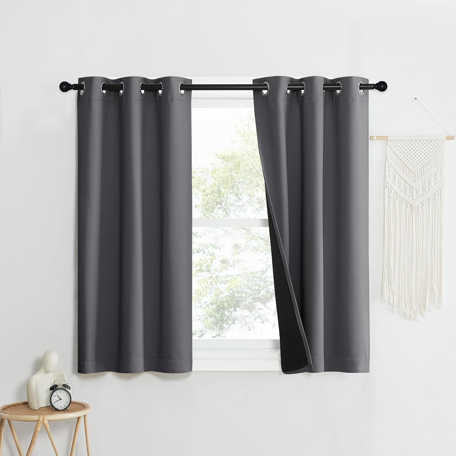 Nicetown 100% Blackout Short Curtains with Black Liners, 2 Panels, 37" W by 40" L, Grey, Solid Thermal Insulated Full Blackout 2-Layer Line…