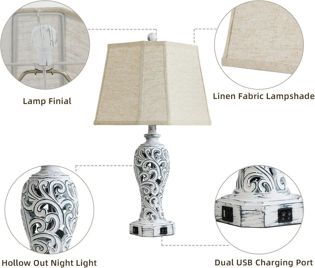 25'' Farmhouse Table Lamps Set of 2 for Living Room Bedroom, 2 USB Ports Rustic Vintage Nightstand Table Lamp with Nightlight, Hollow Out…