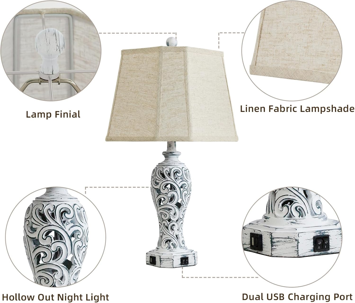 25'' Farmhouse Table Lamps Set of 2 for Living Room Bedroom, 2 USB Ports Rustic Vintage Nightstand Table Lamp with Nightlight, Hollow Out…