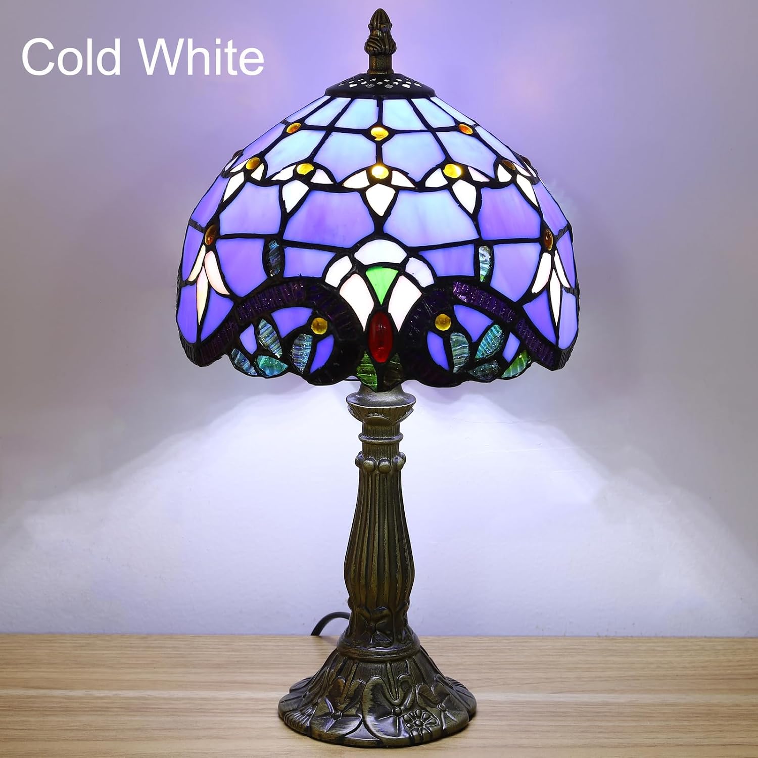 Tiffany Style Table Lamp, Blue Baroque Style Stained Glass Lamp, 8 Inch Small Antique Lamp, for Bedside Nightstand Bedroom Living Room…