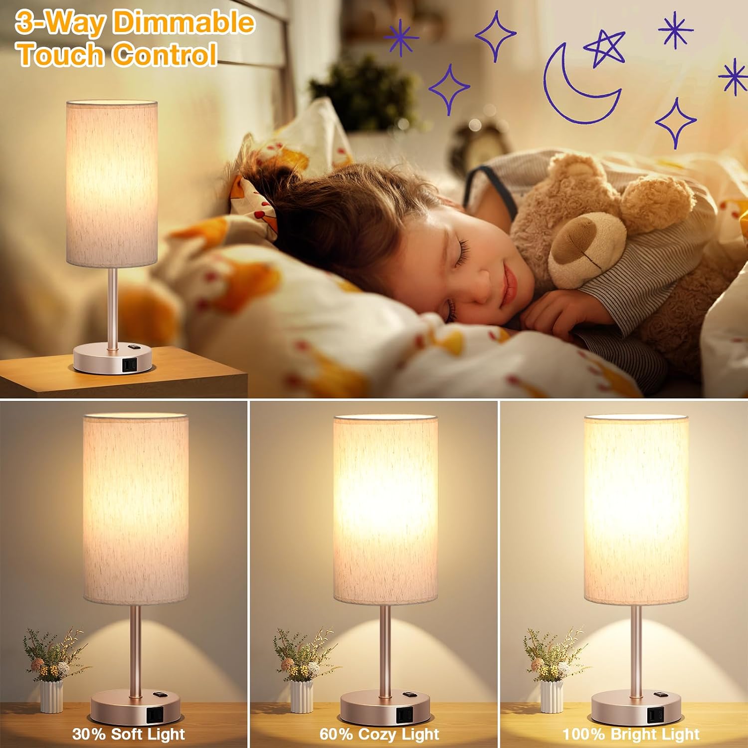 Dicoool Touch Bedside Table Lamp with USB - 3 Way Dimmable Lamp for Bedroom Nightstand, Desk Lamp with Charging Station for Dorm, Office…