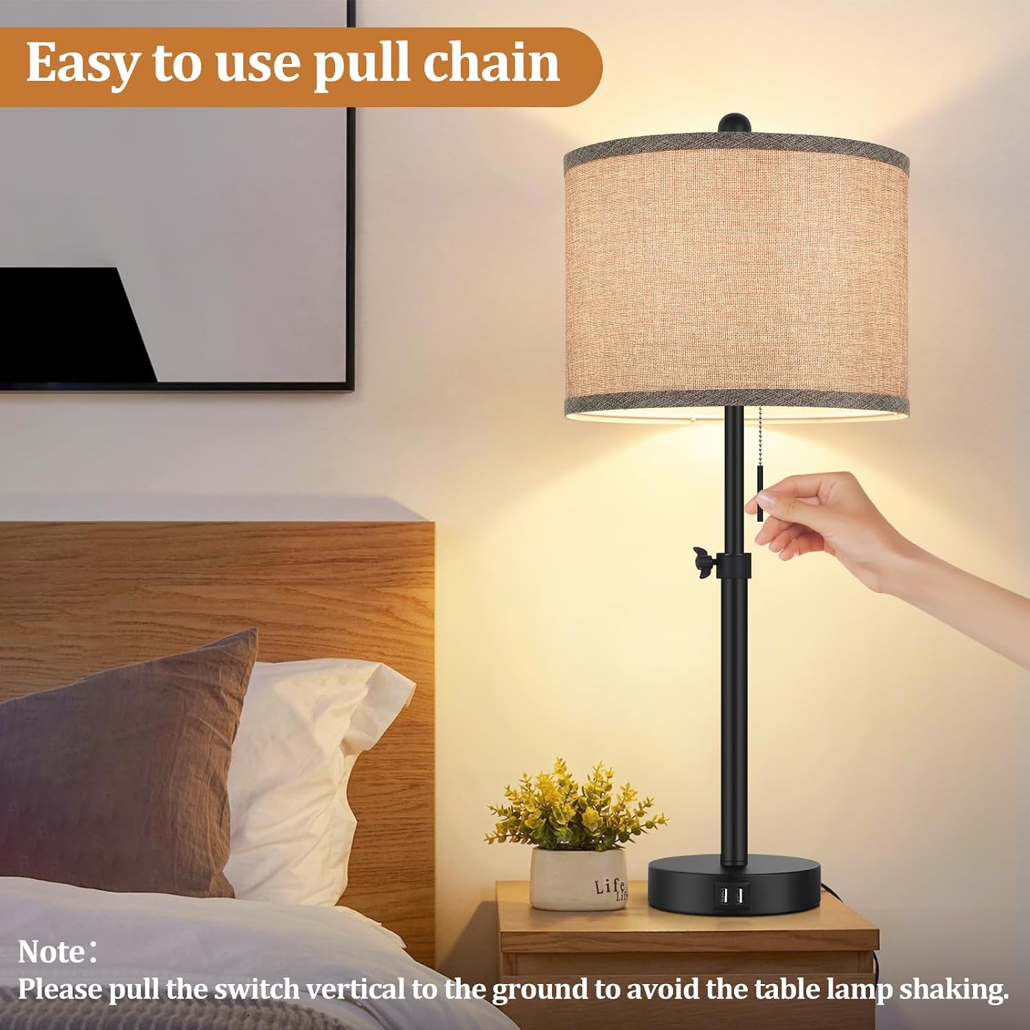 Kondras Table Lamps for Bedroom Set of 2, 23''-30'' Adjustable Height Bedside Lamps with 2 USB Ports, Black Nightstand Lamps with Grey…