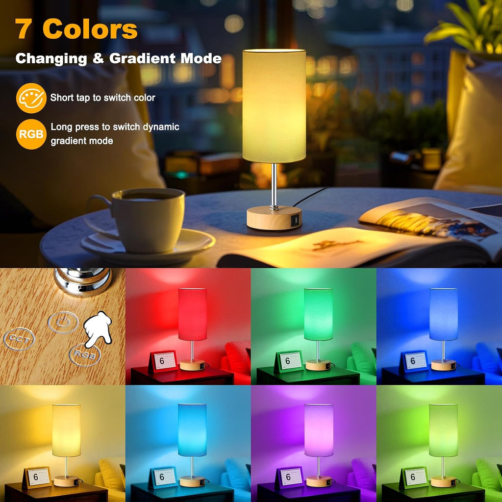 Unicozin Small Table Lamp, 3CCT & 7 RGB Color Changing, Dimmable Nightstand Lamp with Wood Grain Base, Touch Bedsides Lamp for Bedroom…