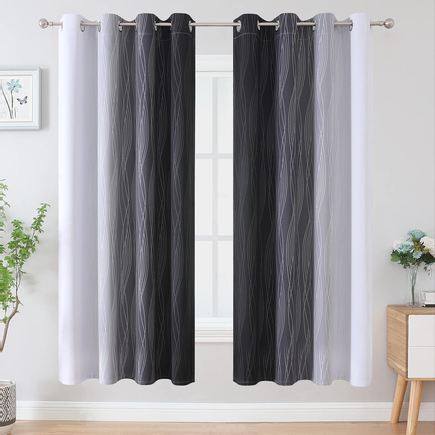 Estelartextiler Estelar Textiler Full Room Darkening Blackout Curtains 72 Inch Length 2 Panels Set, Ombre Greyish White and Black Thermal I…
