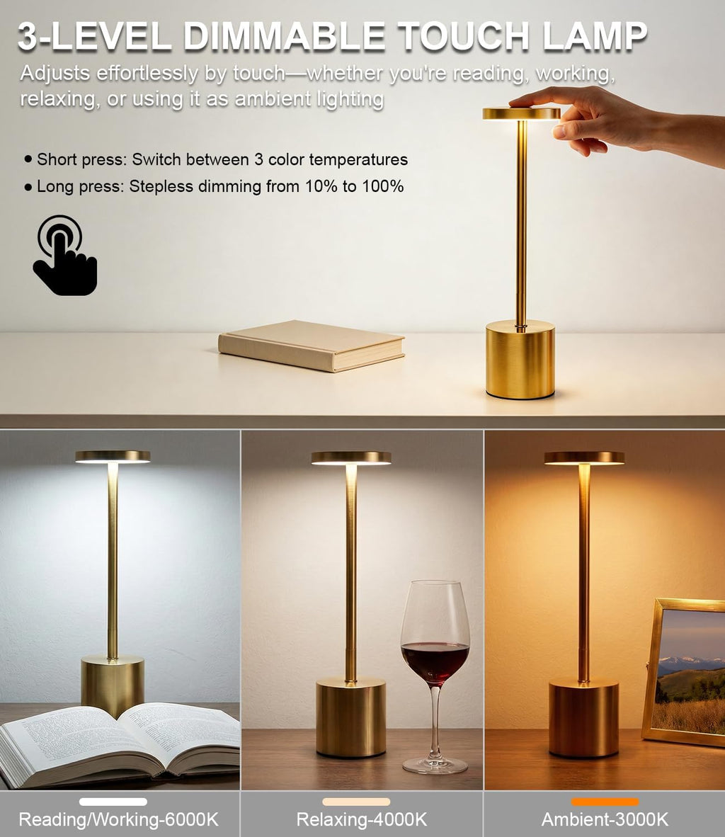 Swinerton Cordless Table Lamp Set of 2, Gold 5000mAh Rechargeable Battery Operated Lamps, Wireless 3 Color Dimmable Touch Lamp Table…