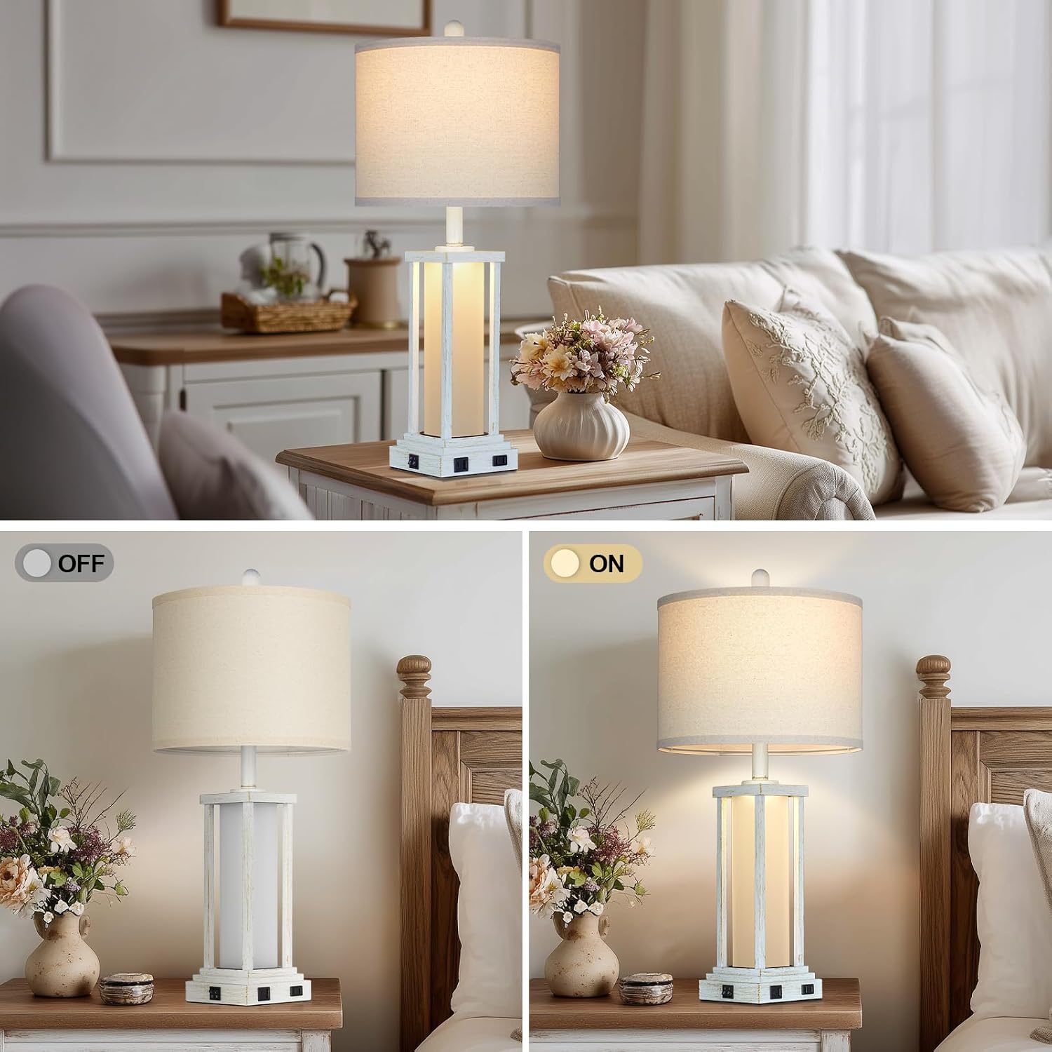 Cinkeda 27" Tall Vintage Table Lamp Set of 2 with USB C+A & Outlet, Nightstand Lamp for Living Room, Bedside Lamps with Frosted Glass Night…