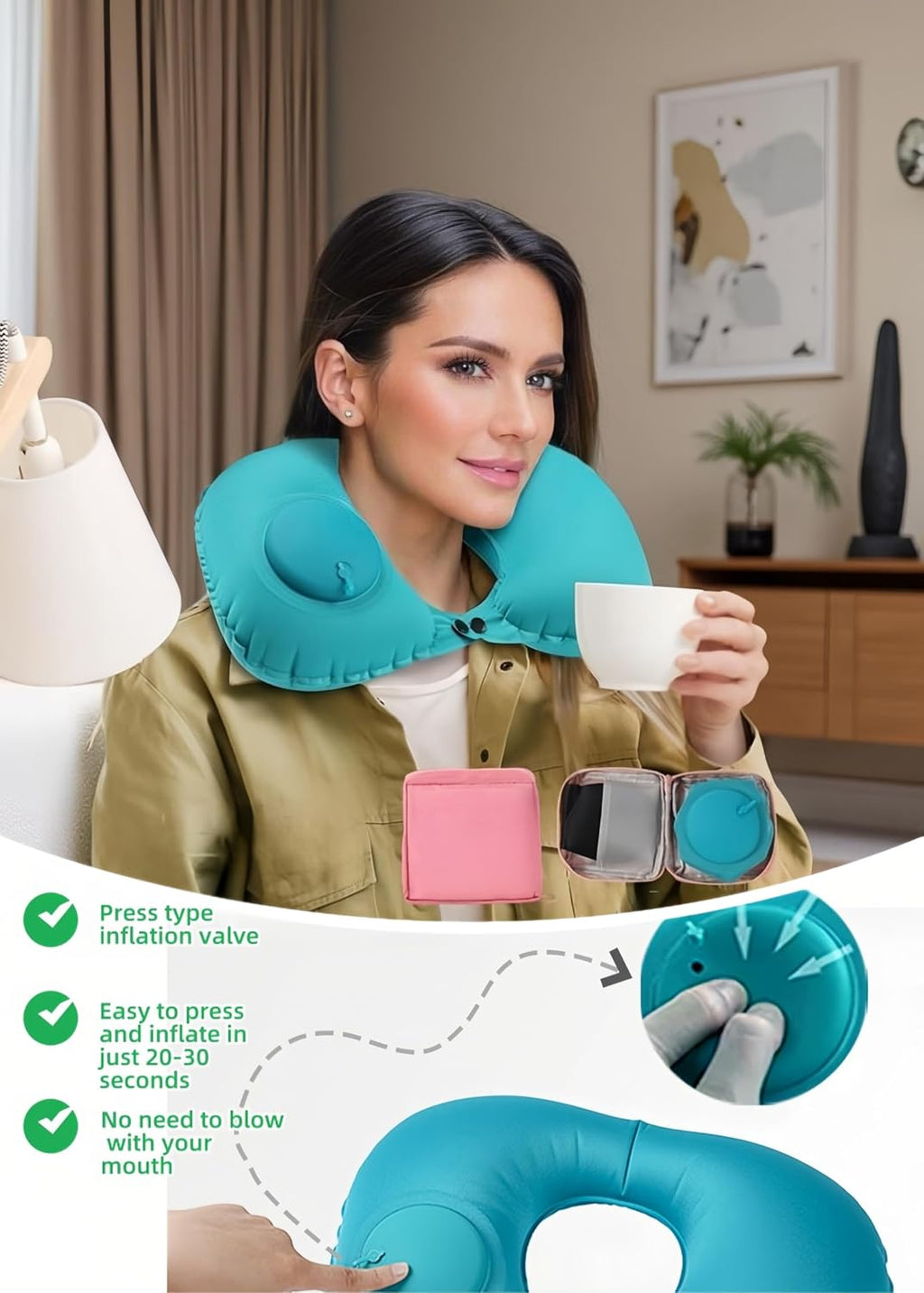 18-30s Quick Inflate /Deflate Neck Pillow for Travel - Adjustable Cervical Support with Dual Buckles, Breathable Milk Silk, Compact…