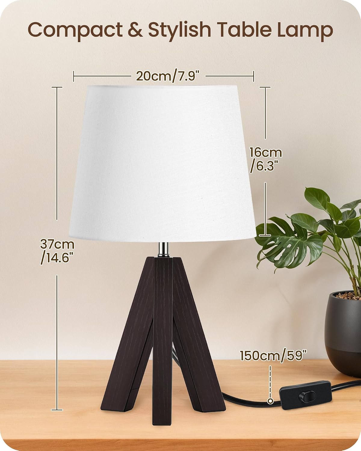 Tripod Table Lamp, 14.6" Small Bedside Table Lamp, Modern Nightstand Lamp with White Linen Shade & Dark Walnut Base, Boho Desk Lamp for…