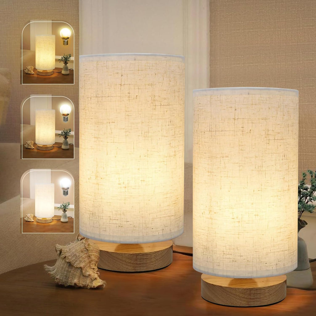 Minimalist Bedside Table Lamps for Bedrooms Set of 2, 3 Color Temperature Bedside Lamps with Round Fabric Linen Shade, Small Desk Lamp…