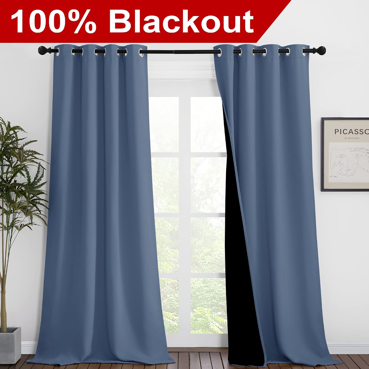 Nicetown Insulated 100% Blackout Curtains, Noise Reducing Performance Drapes with Black Lining, Full Light Blocking Draperies for Overnight…