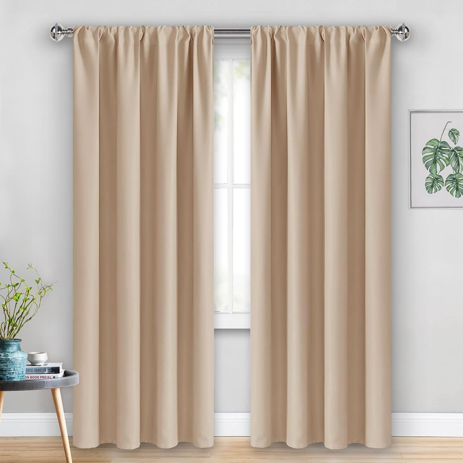 Jiuzhen Blackout Curtains for Bedroom - Thermal Insulated Room Darkening Rod Pocket Curtains for Living Room, Set of 2 Panels with Tiebacks…