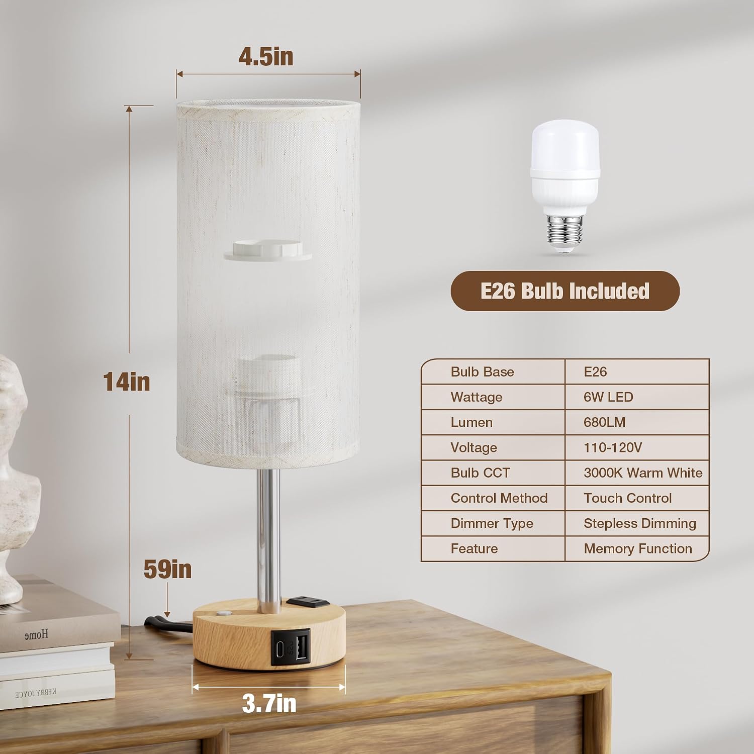 Aooshine Touch Bedside Table Lamp with Memory - Stepless Dimmable Lamp for Bedroom, Small Nightstand Lamp with Dual USB Charging Ports and…