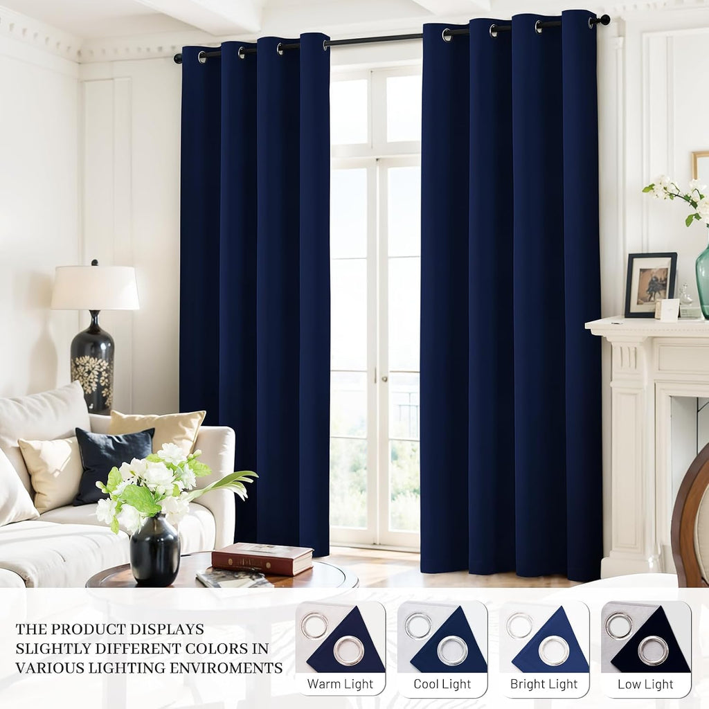 Yakamok Navy Blue 100% Blackout Curtains 96 Inches Long Thermal Insulated Window Curtain for Bedroom Living Room Darkening Set of 2 Panels…