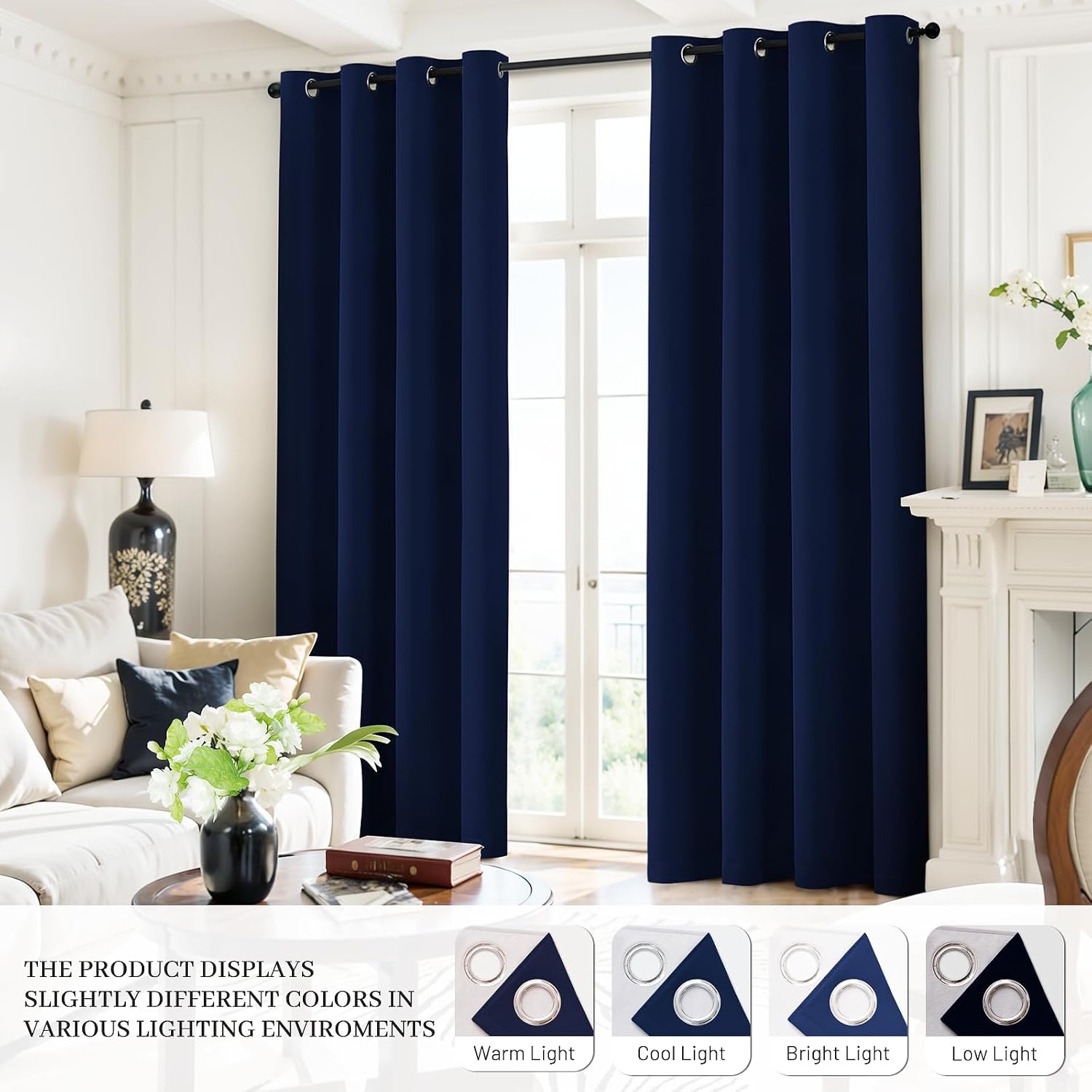 Yakamok Navy Blue 100% Blackout Curtains 96 Inches Long Thermal Insulated Window Curtain for Bedroom Living Room Darkening Set of 2 Panels…