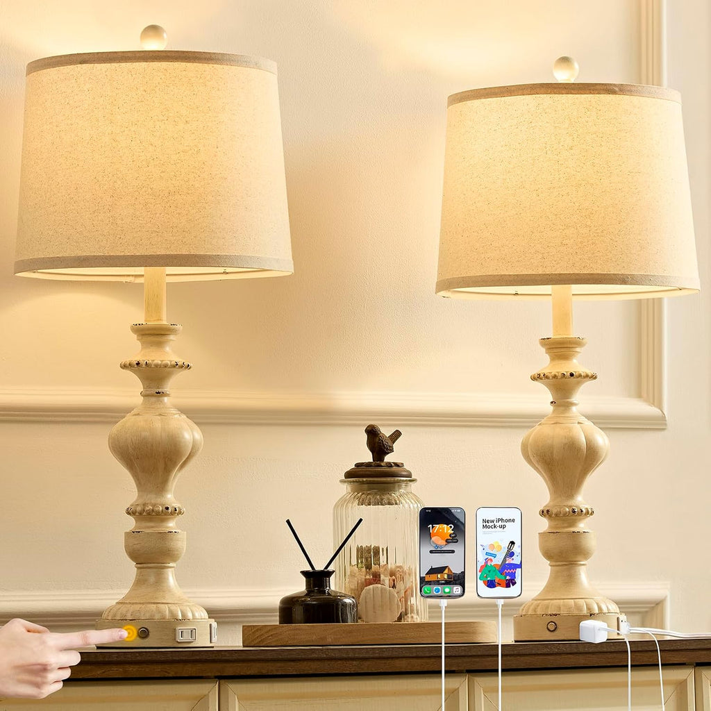 SAIWEYA 27.5" Farmhouse Table Lamps Set of 2 Bedside Nightstand Lamp with USB C+A Ports & AC Outlet, 3 Way Dimmable Touch Lamps for…
